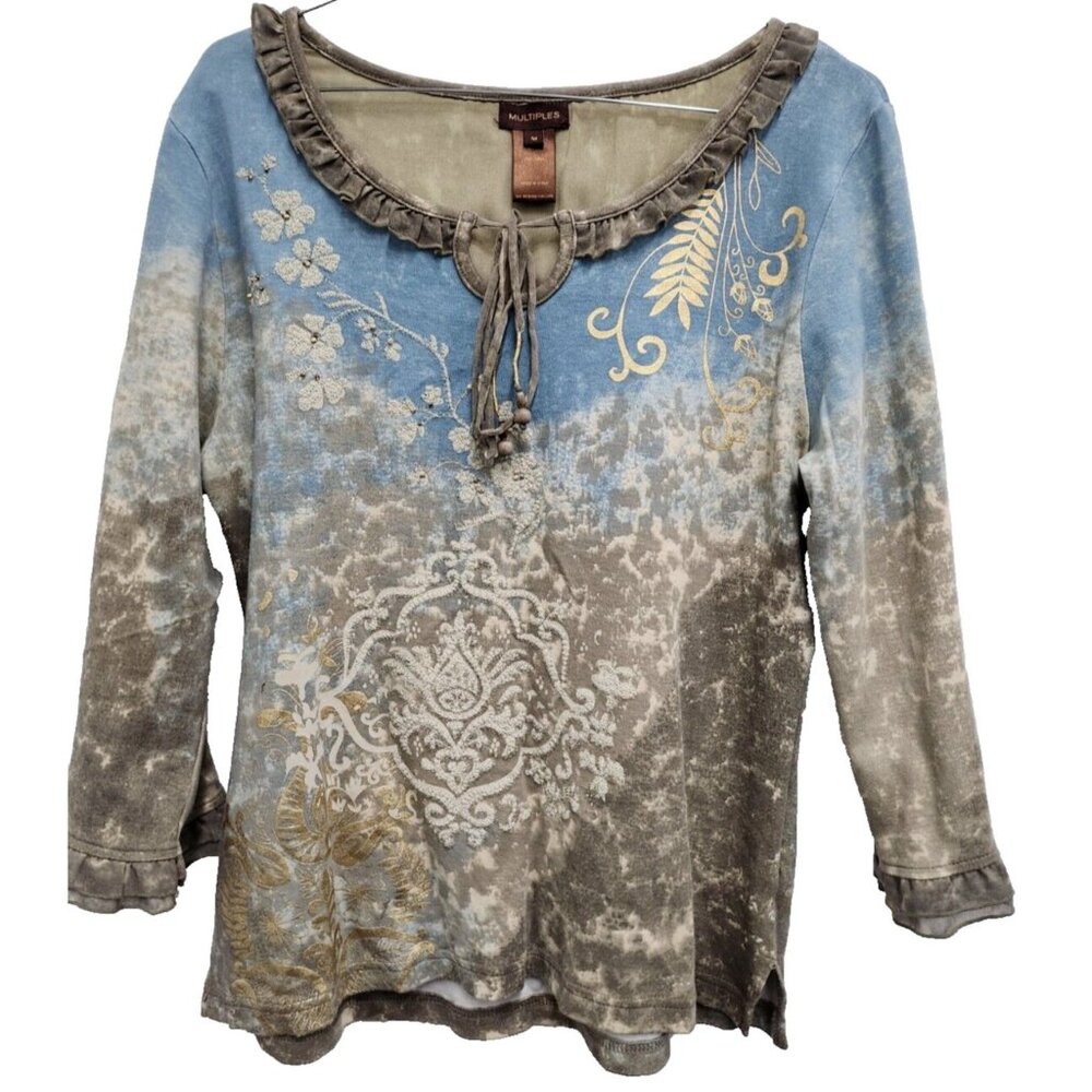 Multiples Womens Wearable Art Top Medium‎ Gray Blue Floral Embroidered Ruffle